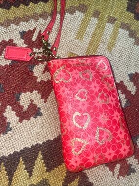 Vintage Coach Pink-Red Gold Heart Print Mini Wristlet with Gold Accents
